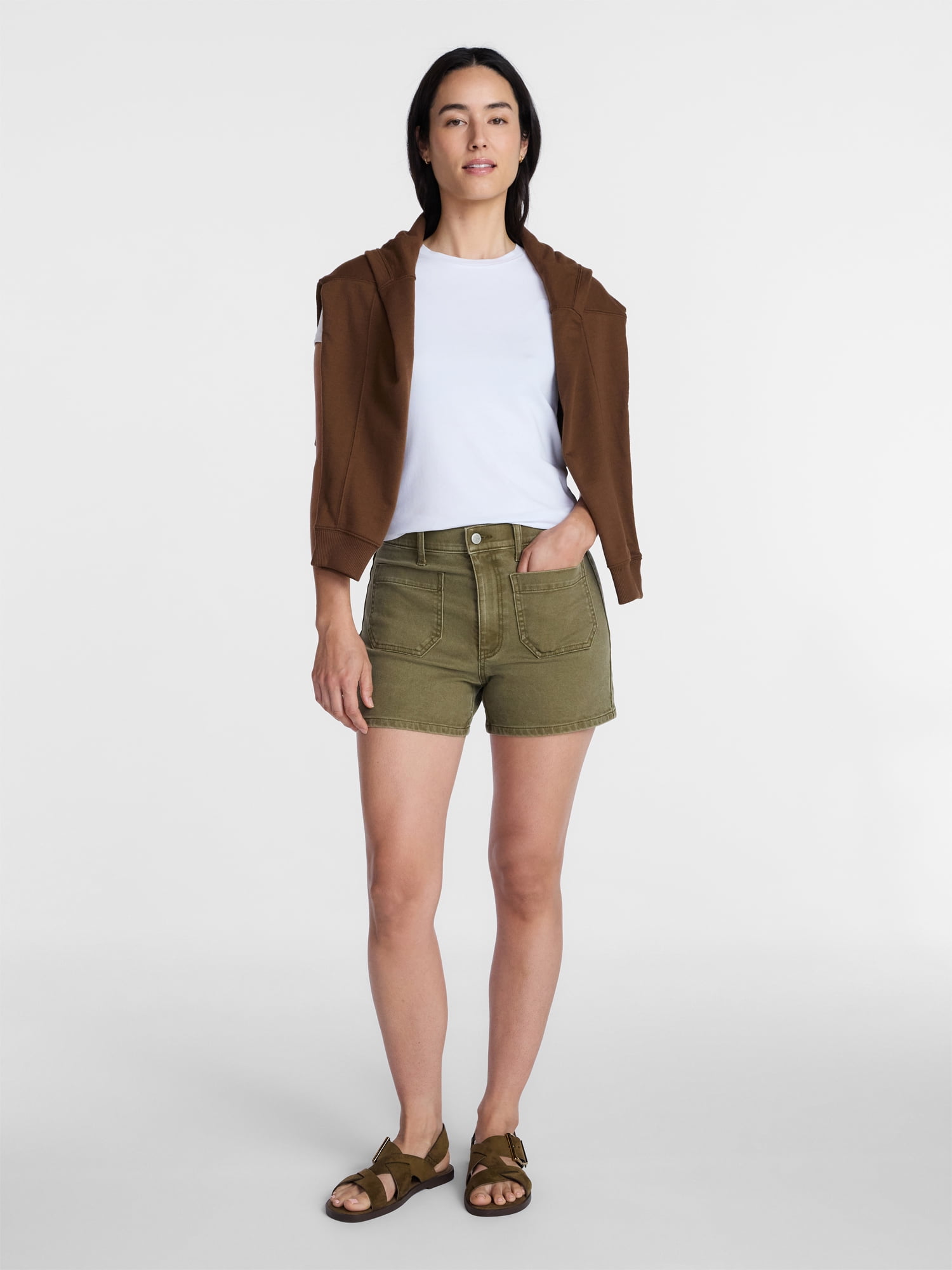 Time and Tru Women's High Rise Patch Pocket Denim Shorts, 4" Inseam, Sizes 0-20