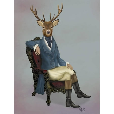 Whimsical Fun Folk Art - Distinguished Deer Full Fun Whimsical Anthropomorphic Animal Portrait Painting Print Wall Art By Fab Funky