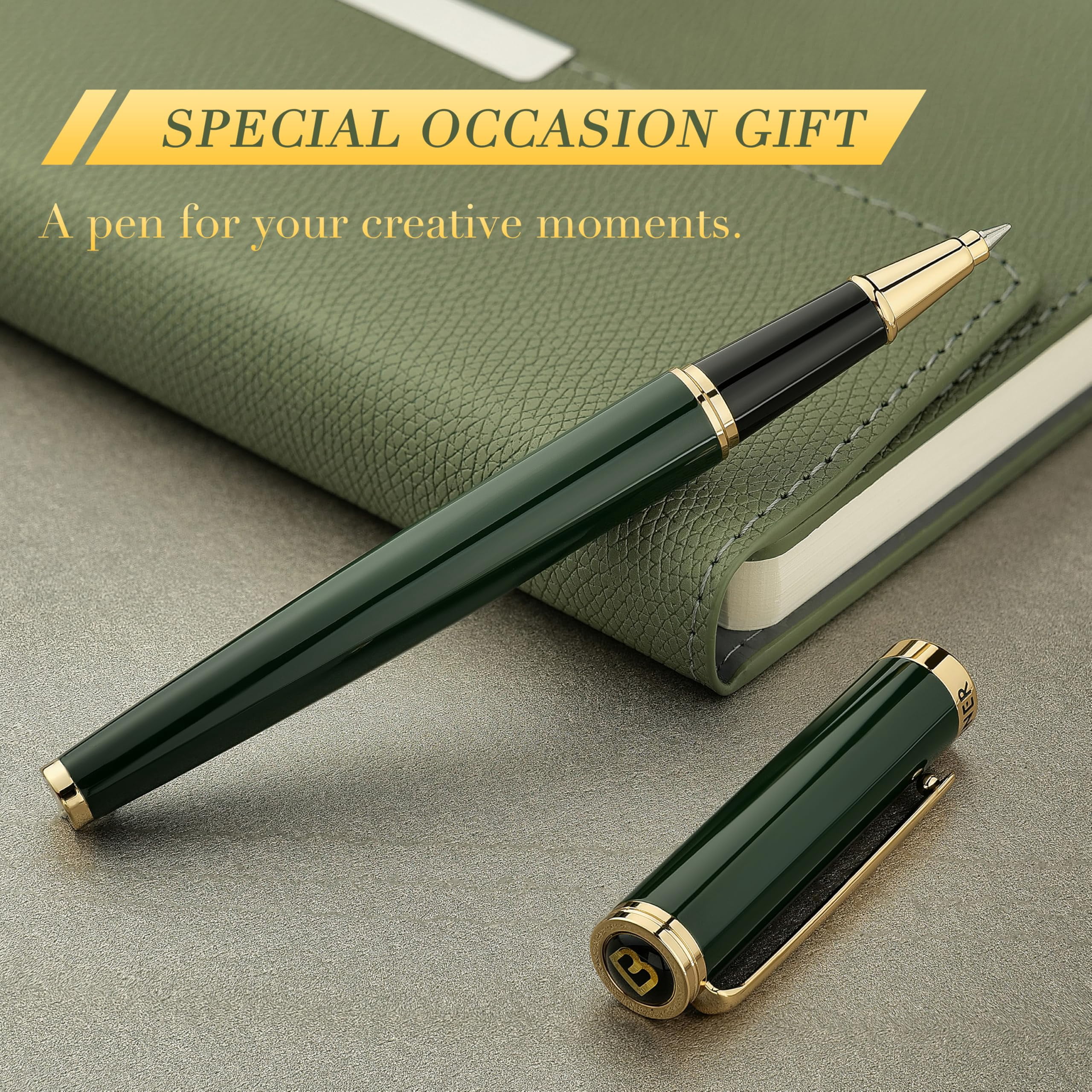 Luxury Rollerball Pen  Stunning Green Lacquer With Trim Noble And Elegant Designs Ink Refill Gift Set For Men & Women Refillable Executive Writing Nice Pens
