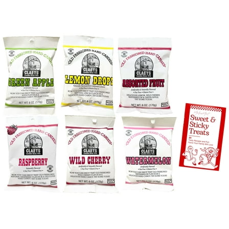 Hard Candies - 6 flavors - 1 each: Green Apple, Lemon Drops, Assorted Fruit, Raspberry, Wild Cherry, Watermelon (6 oz) Claeys Old Fashioned  | MerlinsMart Zine
