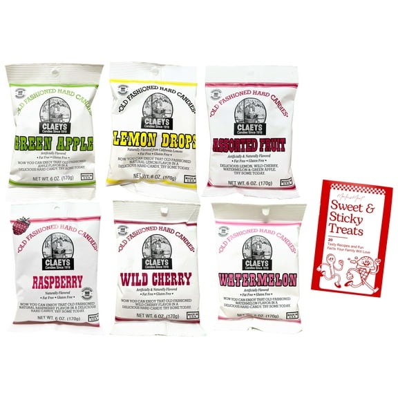 Hard Candies - 6 flavors - 1 each: Green Apple, Lemon Drops, Assorted Fruit, Raspberry, Wild Cherry, Watermelon (6 oz) Claeys Old Fashioned  | MerlinsMart Zine