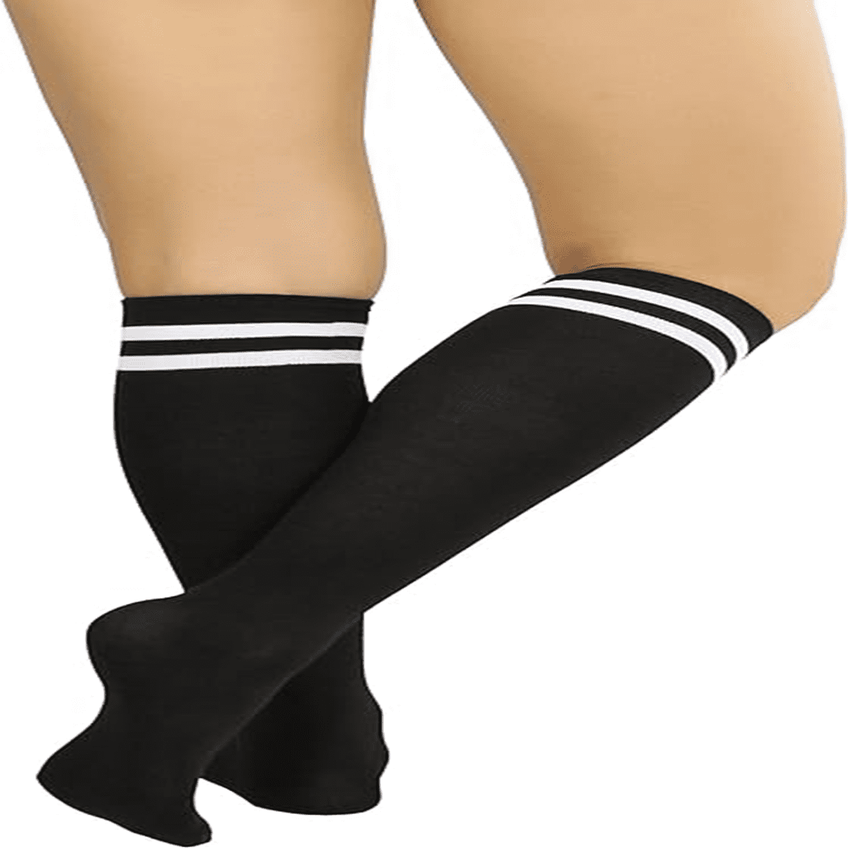 Old School Black And Double White Striped Knee High Socks