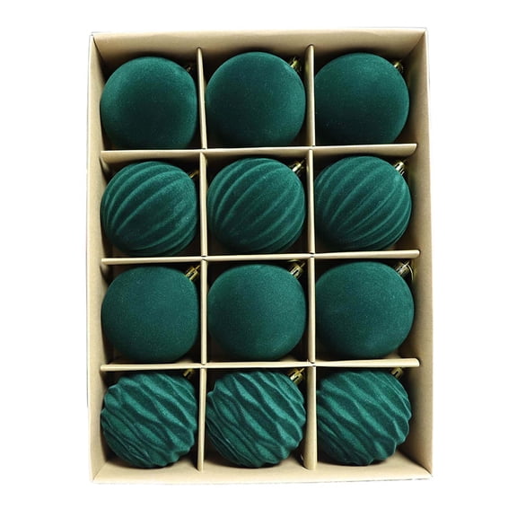 Mecorevxz 12 Pcs Velvet Christmas Balls Flocked Christmas Tree Ornaments Plastic Balls Xmas Decorative Hanging Ornaments Christmas Tree Decoration 3.15”(Green)