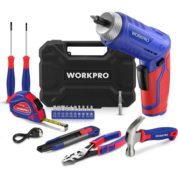 WORKPRO 18-Piece Home Tool Kit with 3.7V Rotatable Cordless Screwdriver, Rechargeable Electric Screwdriver and Hand Tools Set with Toolbox for Household, Dorm, Garage, DIY