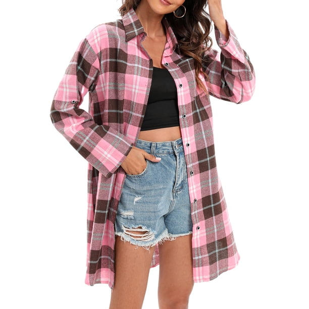 Camisa larga de mujer Botones de manga larga a cuadros Camisas sueltas ocasionales Tomshoo Extragrande