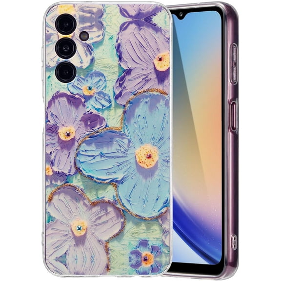 Case for Samsung Galaxy A54 5G, Colorful Retro Oil Painting Flower Laser Glossy Cute Exquisite Floral Blossom Phone Cover Stylish Durable TPU Protective Case for Girls Women - Purple Flower