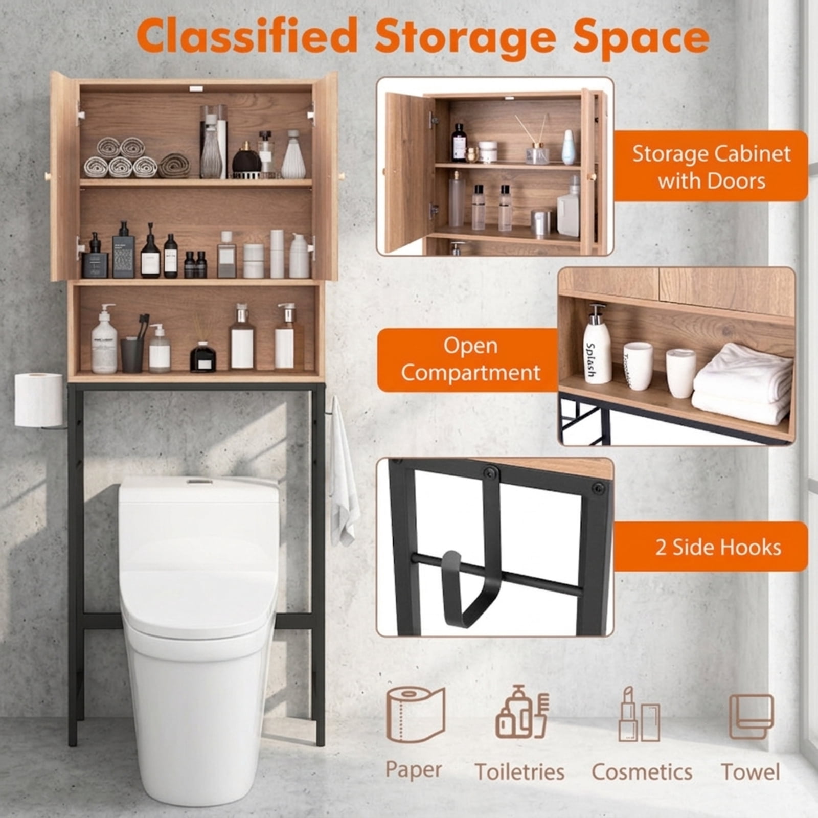 Vebreda Over the Toilet Storage Cabinet with 2 Doors and Adjustable Shelf for Bathroom Space Saving Organization, Natural