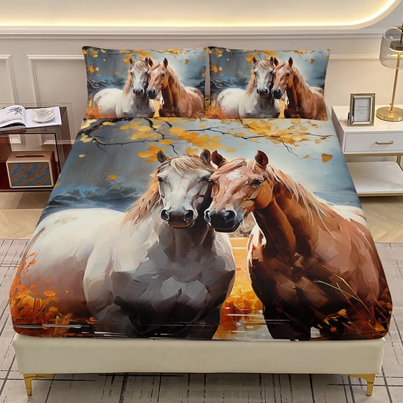 White Brown Horses Fitted Sheets Twin Size,Natural Scenery Aesthetics Autumn Leaves Bedding Set for Kids Bedroom Horse Decor.