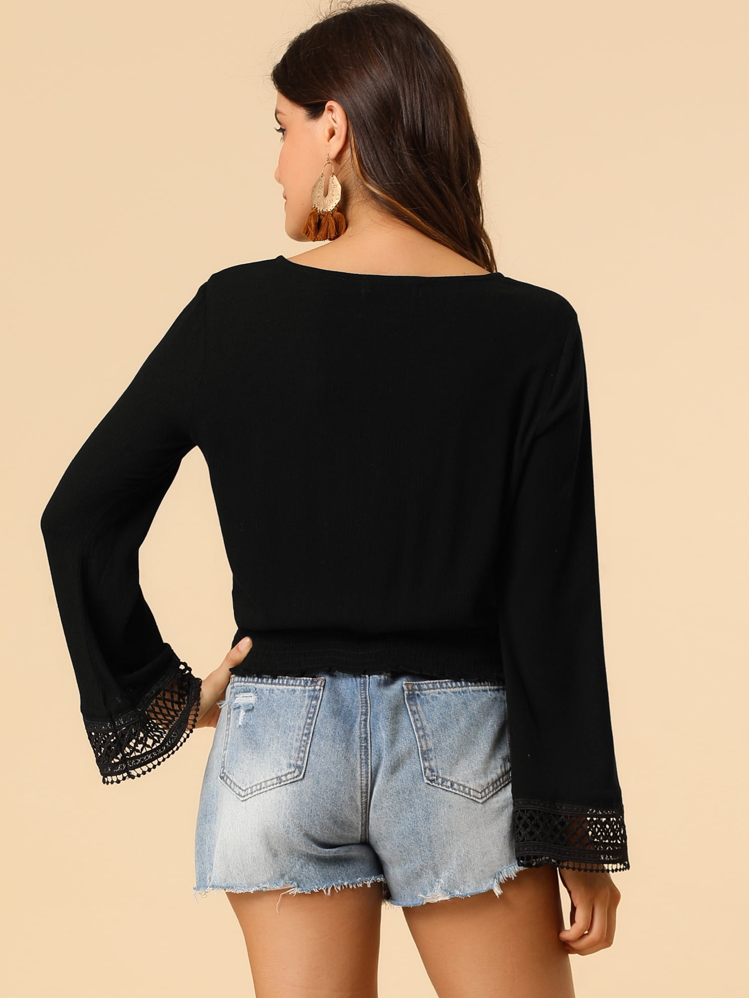 DARING DIVA Women's Lace Peasant Bell Sleeve Smocked Hem Cropped Boho Blouse S Black