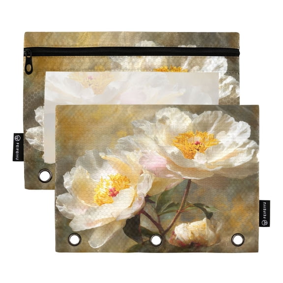 2 Pack 3 Ring Binder Pouch with Clear PVC Window Water Resistant Zipper Pencil Pouch Cream Peony Arrangement Binder Pocket for Classroom Office Home Stationery Organization