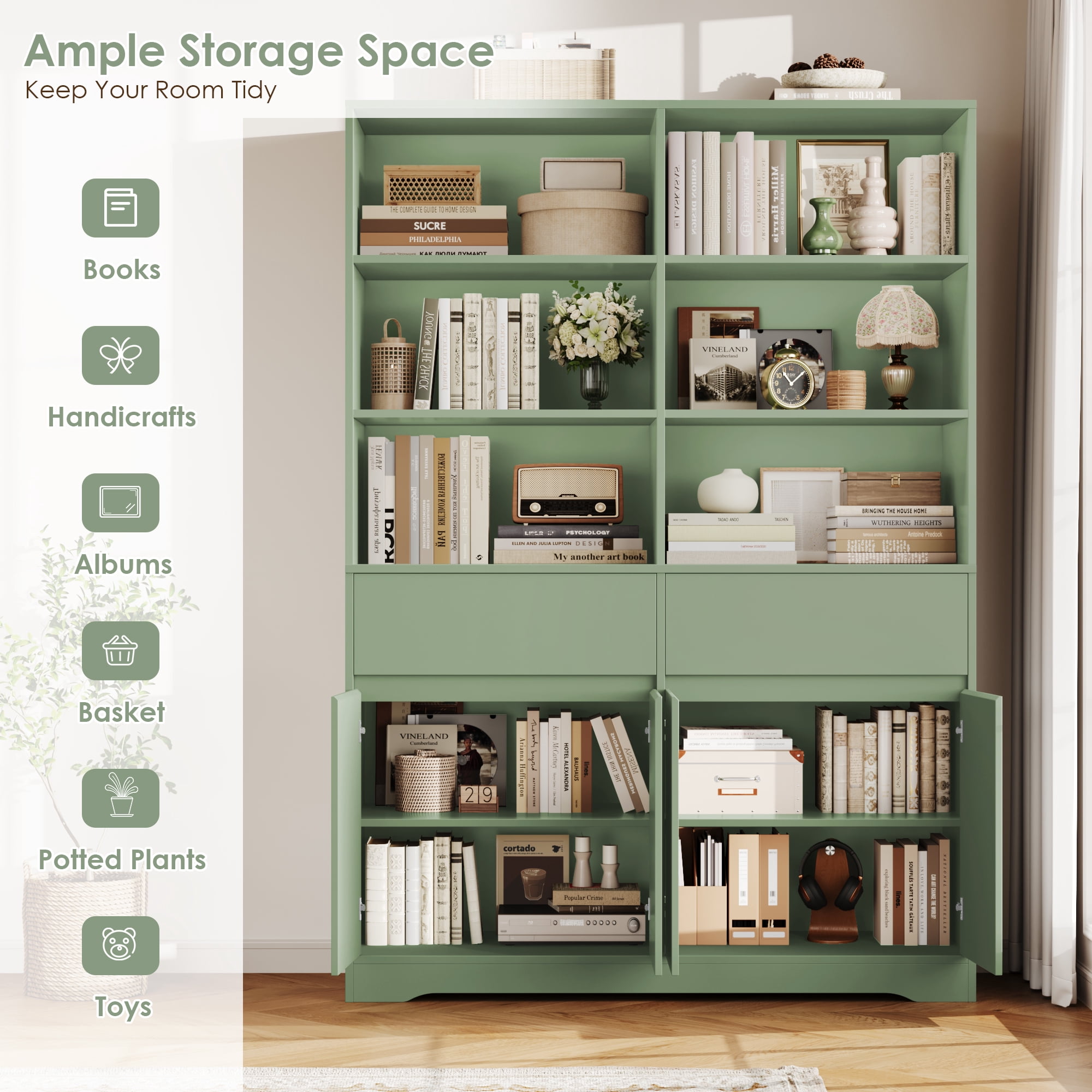 Hiphuta 69"H Modern Bookcases with Doors & Drawers, Large Wooden Display Shelf for Home Office, Wooden Storage Bookshelf for Living Room, Green