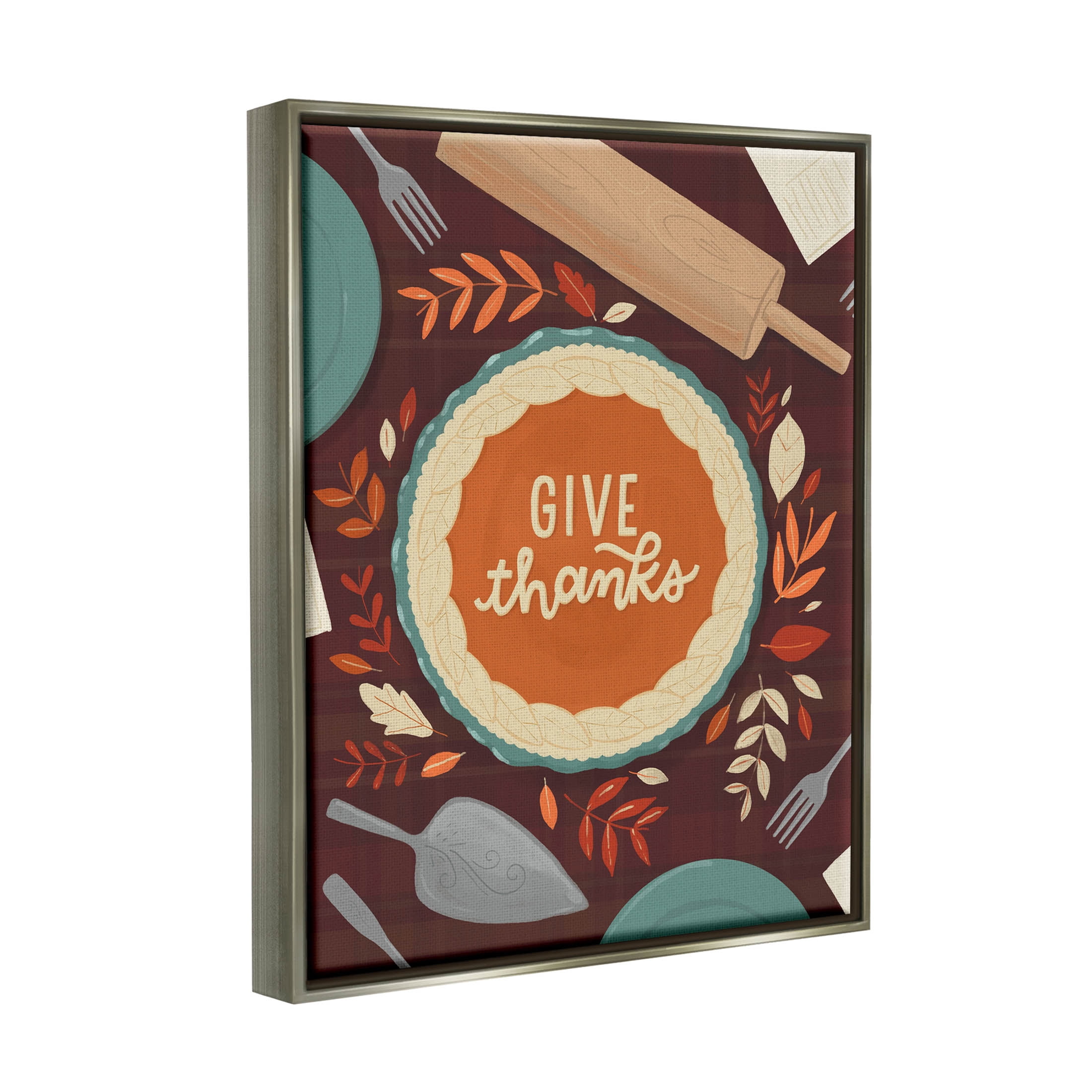 Give Thanks Kitchen Utensils Pattern Holiday Graphic Art Luster Gray Framed Art Print Wall Art