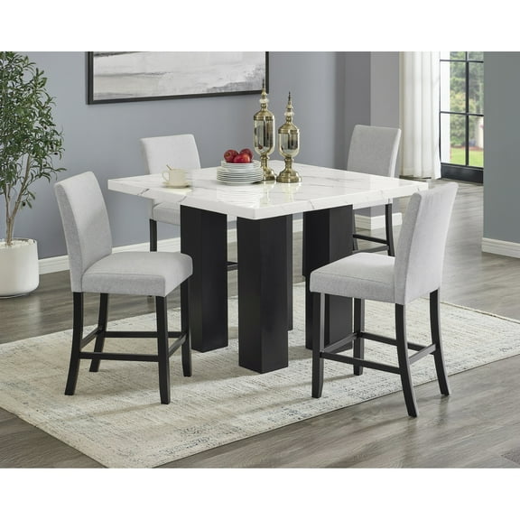 Counter Height Dining Table - Square Faux Marble Table, Upholstered Chairs, Solid Wood, Room Modern Furniture Top, Gray Seating For 4