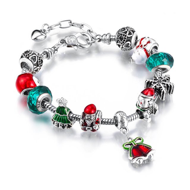 Pulsera navideña para mujer Santa Claus Jingle Bell Stocking Bow Dangle Bracelet Christmas Tree Snowflake JAMW Sencillez