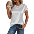 thumbnail image 2 of VBVC Women's Satin Crewneck Short Sleeve Top , Ladies' Silky Rolled Cuff Blouse , Elegant Work Office Tops For Women,White,S-2XL, 2 of 7