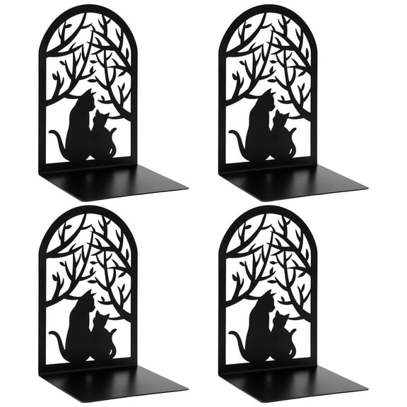 Cat Decorative Bookends, Unique Book Organizer Book Stopper for Desk with Metal Hollow Design, Cat-Shaped, Black, 2 Pairs