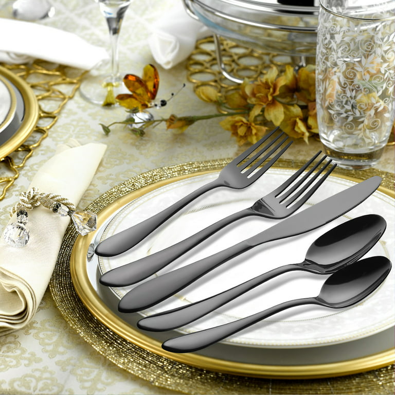 40 Piece Black Silverware with Organizer, Stainless Steel Flatware Set for  8, Mirror Polish Utensil Cutlery, Home Kitchen Dinnerware Set, Include