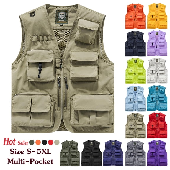 Outdoors Casual Vest Tank Top for Men Plus Size Solid Color Loose Multi-Pocket Multifunctional Zipper V-neck Sleeveless Jackets for Work Camping Hiking Fishing, Khaki, Size M
