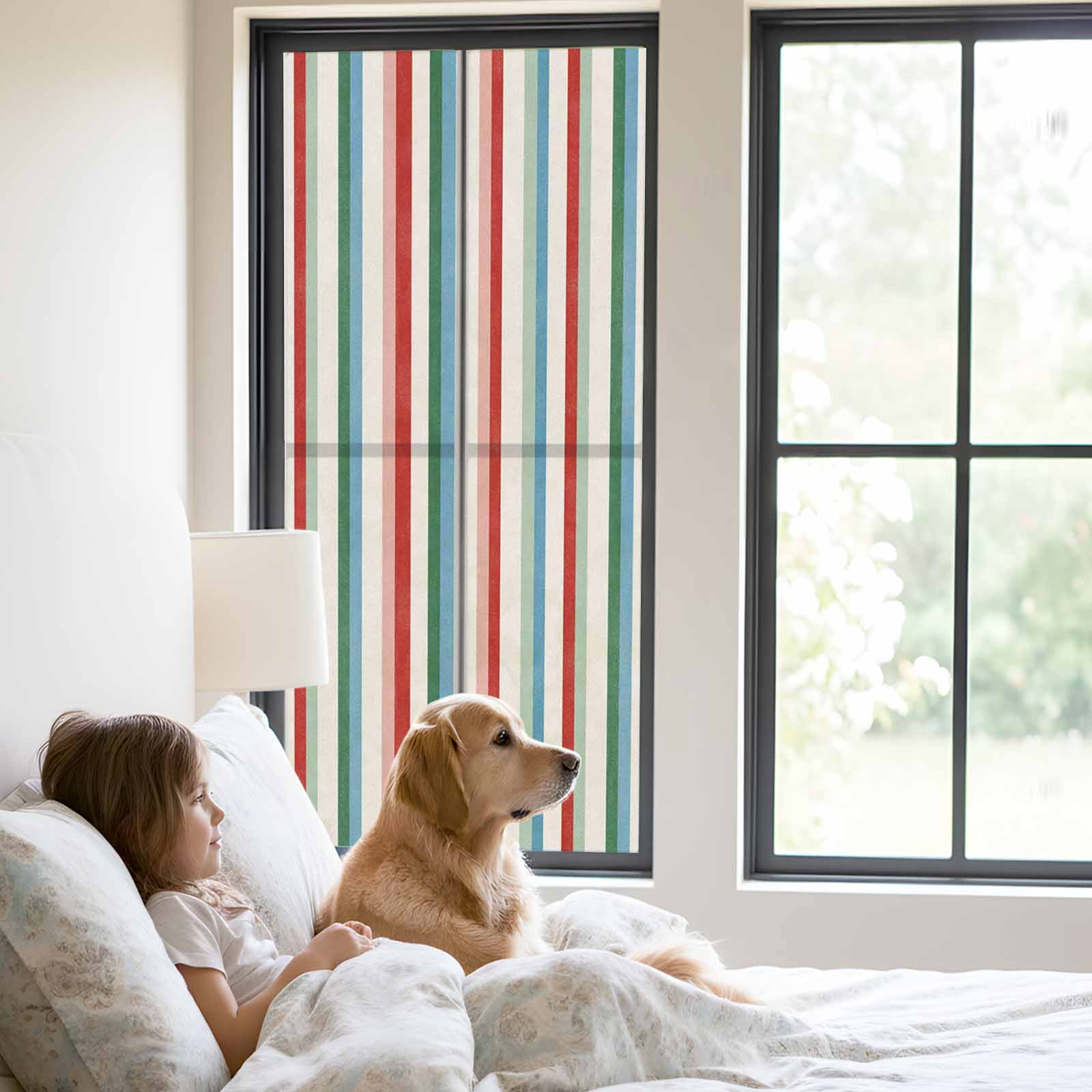 Modern Simple Window Privacy Film, Colorful Stripes Abstract Artistic Watercolor Geometric Frosted Glass Window Clings Static Cling UV Heat Blocking Reusable Door Sticker for Bathroom 23.6 x 59 Inch