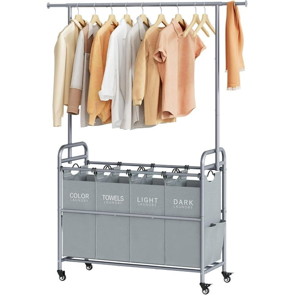 Laundry Sorter with Hanging Bar, 4 Section Rolling Laundry Hamper with Heavy Duty Lockable Wheels, Laundry Sorter Cart for Bathroom & Bedroom, Gray
