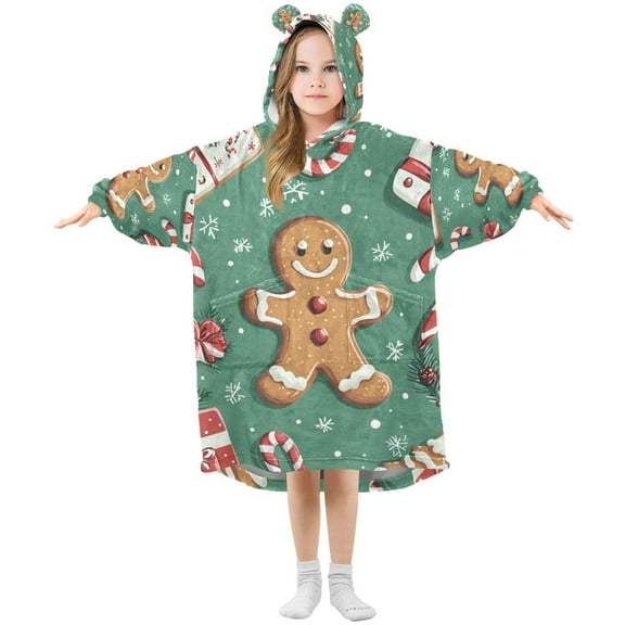 FORMRS Wearable Blanket Hoodie with Sleeves for Kids Cozy Flannel Sweatshirt, Christmas Gingerbread