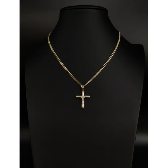 14k Real Solid Gold Jesus Crucifix Pendants Necklace, with 3mm Miami Cuban Chain Necklace , Cross Pendant , Gold Inri Cross, Gift (Chain Lenght:Only Pendant;)
