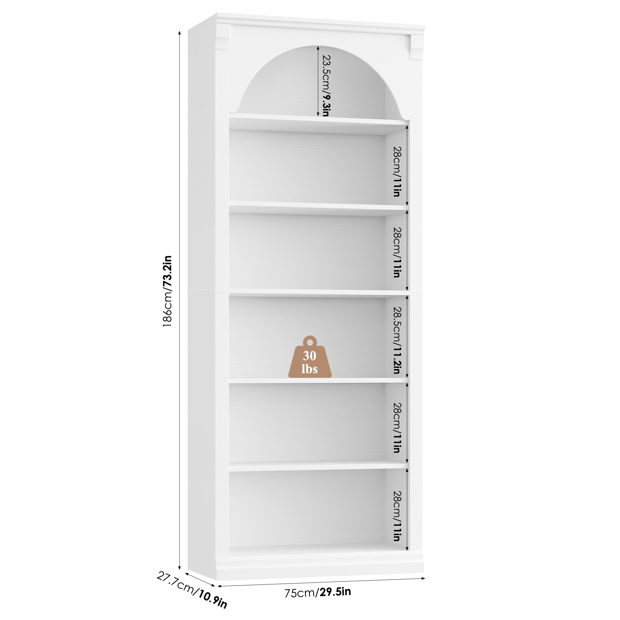 Homfa 6-Tier Bookcase with Arched Top and Pilasters, 72.8" H Accent Bookcase with Bark Grain Texture, White