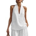 thumbnail image 2 of Cotton Linen Halter Tops for Women Flowy Sleeveless Loose Fitting Tank Top Beach Summer Casual Plain V Neck T Shirts White L, 2 of 8