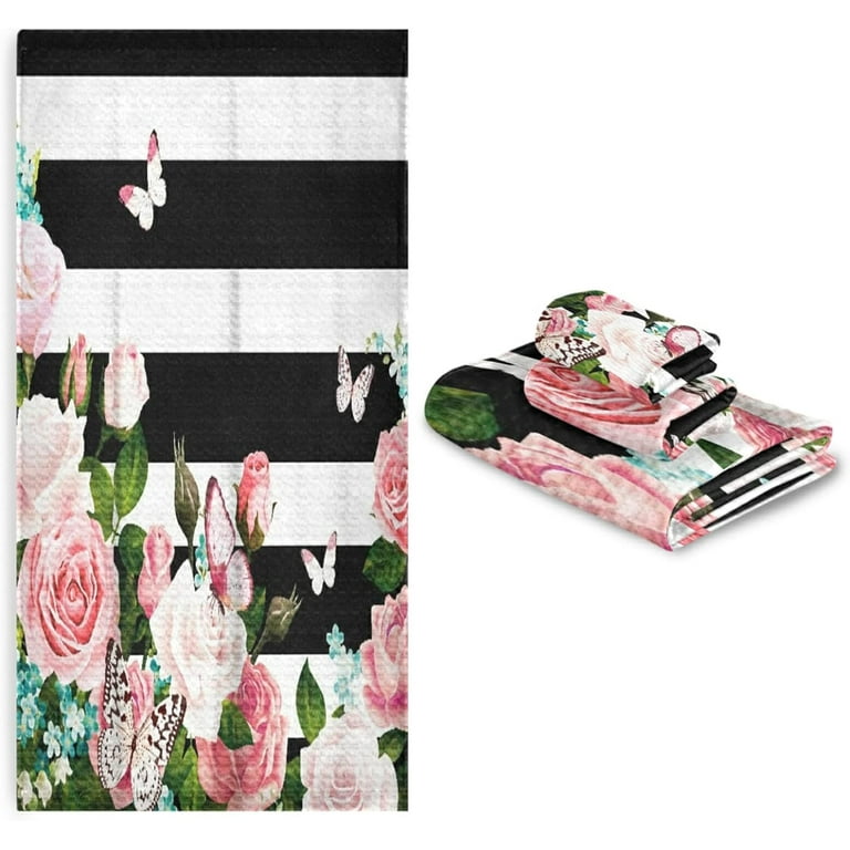 Bath Towels Set For Bathroom Black and White Stripe Modern Pink Floral Butterfly Luxury Set of 3 Towels 1 Bath Towel 1 Hand Towel 1 Washcloth Super Absorbent Soft Quick Dry Towel for Gym Swim Spa Walm...
