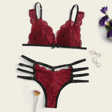 

DENGDENG Hollow Out Lace Lingerie Bodysuit for Women Sexy 2 Piece Lingerie Set