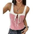 thumbnail image 3 of Women'S Gingham Tank Top Square Neck with Contrast Trim Tie Front Sleeveless Blouse Slim Fit Summer Top Red L, 3 of 9