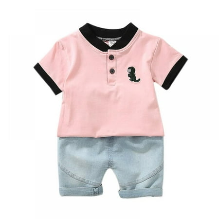 

Toddler Baby Boy Clothes Outfit Short Sleeve Shirt Cowboy Shorts Set Summer Kids Outfits Little Boy Clothing Cartoon Dinosaur Printing Cotton Clothes