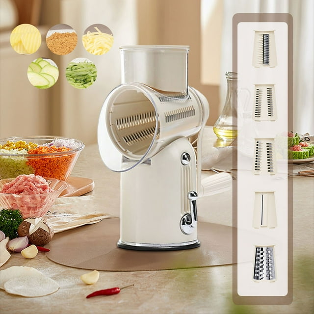 Ralladores rotativos con mango 5 en 1, ralladores de queso gourmet, cortadores de verduras, cortadores manuales de alimentos con 5 juegos de cuchillas de acero inoxidable reemplazables y cortador de v