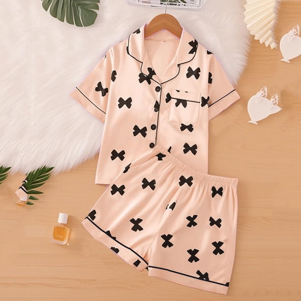 Conjuntos de solapa de manga corta para niños, ropa de dormir de seda sintética para el hogar de verano para niños, conjunto de ropa de dormir para niñas, ropa de dormir de manga corta con lazo de col