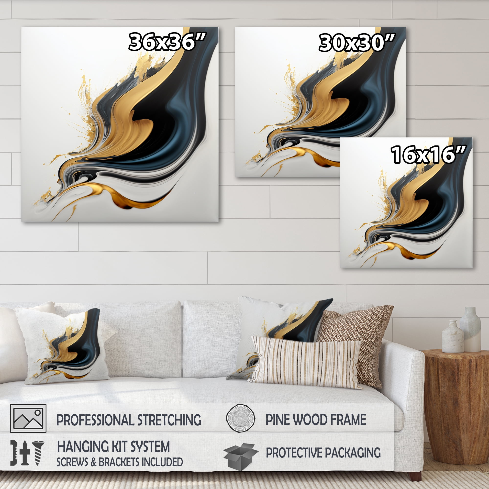 Designart Black, White And Gold Liquid Art III Canvas Wall Art