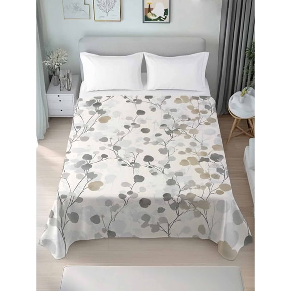 Gray Botanical Twim XL Size Flat Sheet, Wrinkleproof & Fadeproof Cooling Flat Bed Sheet Only, Farmhouse Spring Summer Floral Leaves Breathable Soft Bedding Top Sheets 66 x 102 Inches