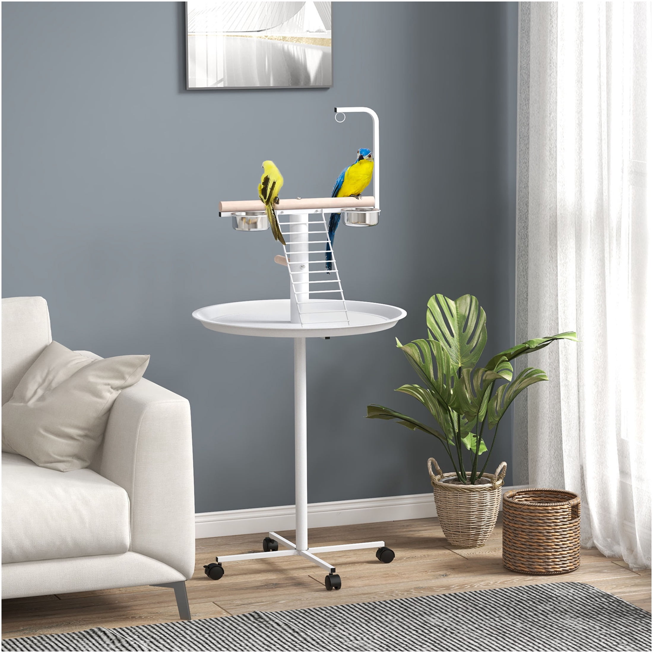 JERFIT White Bird Cage Stand on Wheels, Mobile Parrot Play Gym with Stainless Steel Bowls, Perches & Ladder for Small Parakeets Cockatiels Lovebirds Indoor Outdoor Use