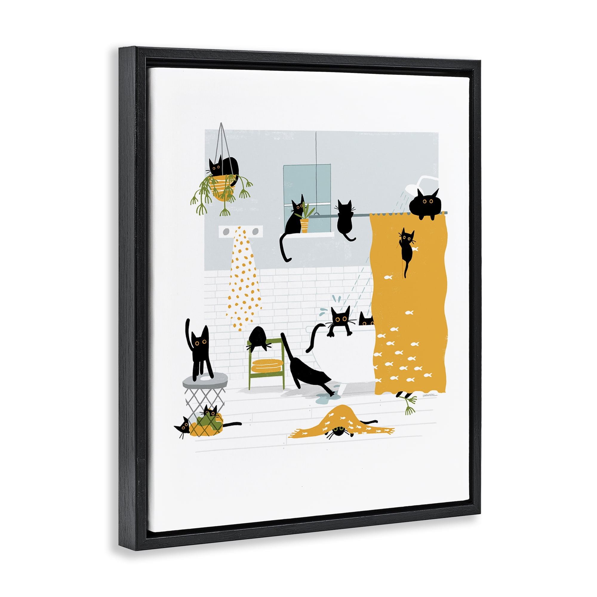 Stupell Industries Black Cats Bath Time Bath & Laundry Painting Black Floater Framed Canvas Art Print Wall Art, 17 x 21