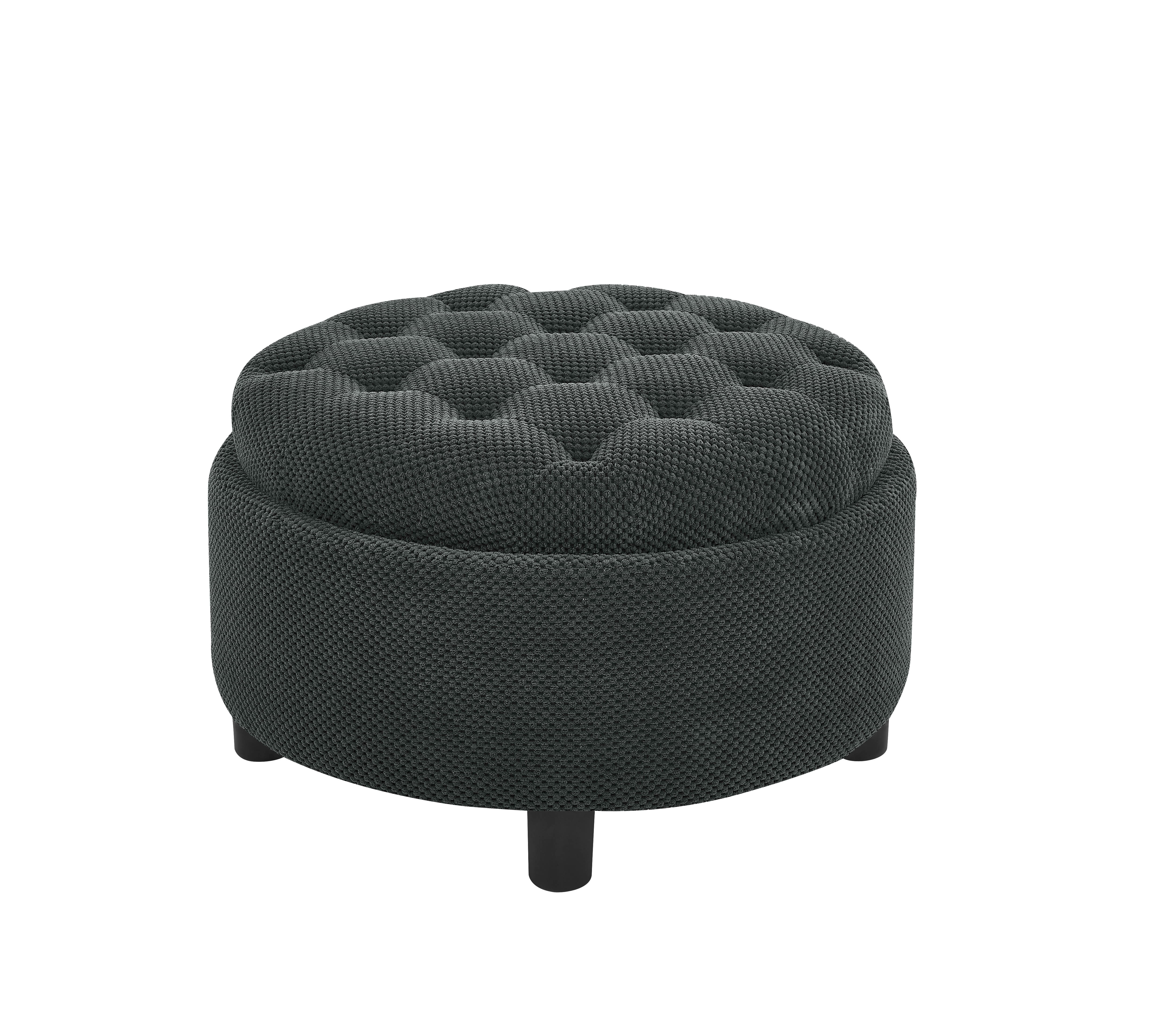 MAYEERTY 25 In Round Storage Ottoman with Tray, Tufted Fabric, Coffee Table Ottoman, Dark Grey