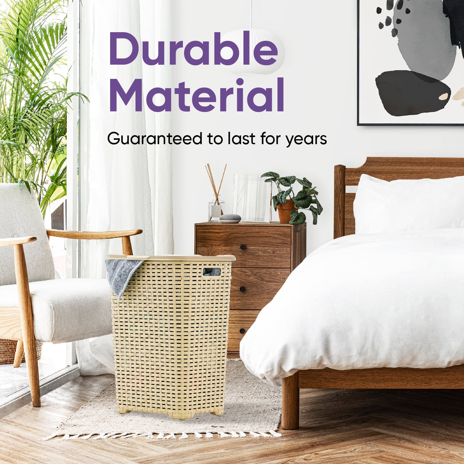 Superio Laundry Hamper Basket With Easy Open Lid 60 Liter Beige, Large Wicker Hamper, Dirty Cloths Storage With Two Cutout Handles, Laundry Room Bin