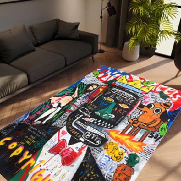 LaModaHome Non-Slip Rug Pop Art Graffiti Rug: Abstract Artist Style Washable Mat Child Stain Resistant Living Room Kitchen Carpet - Size: 3X2ft(90X60cm)