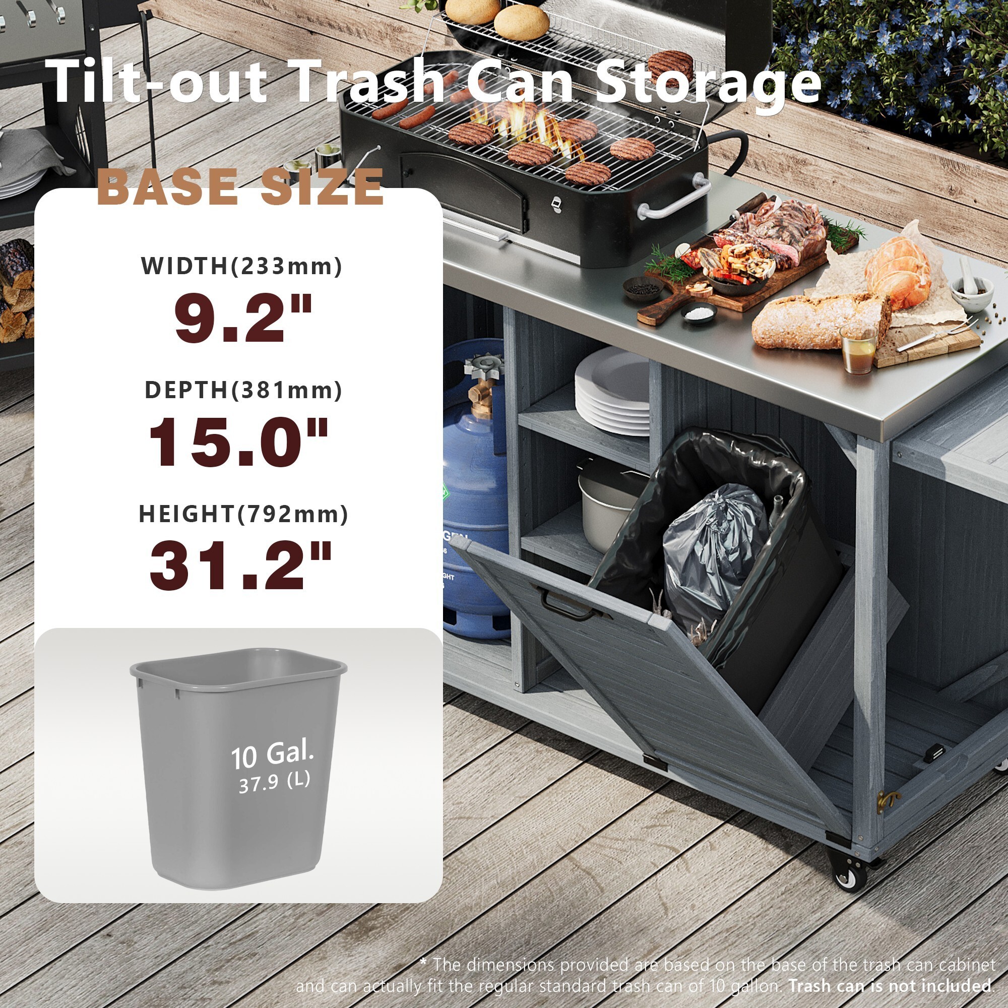 AENKYO Mobile Outdoor Kitchen Island with Stainless Steel Top & Trash Can, Foldable BBQ Prep Cart for Grilling, Gray Blue