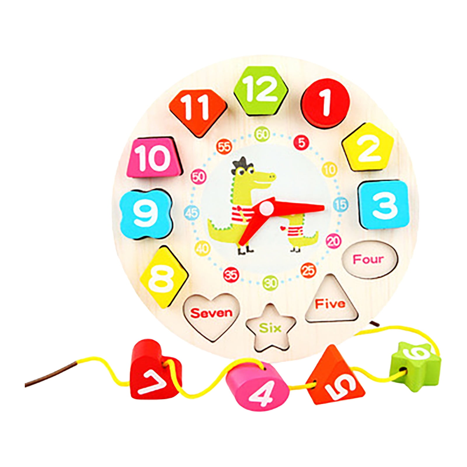 7 Wooden Shape Clock Teaching Clock Toys –Teaching Time Number Blocks Clock Shape Patterns Sorting and Animal Puzzle Learning Educational Toy Gift 