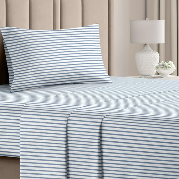 CGK Linens 3-Piece Hotel Luxury Striped Sheet Set - Twin Size Stripe Pattern Bed Sheets, Blue Stripes
