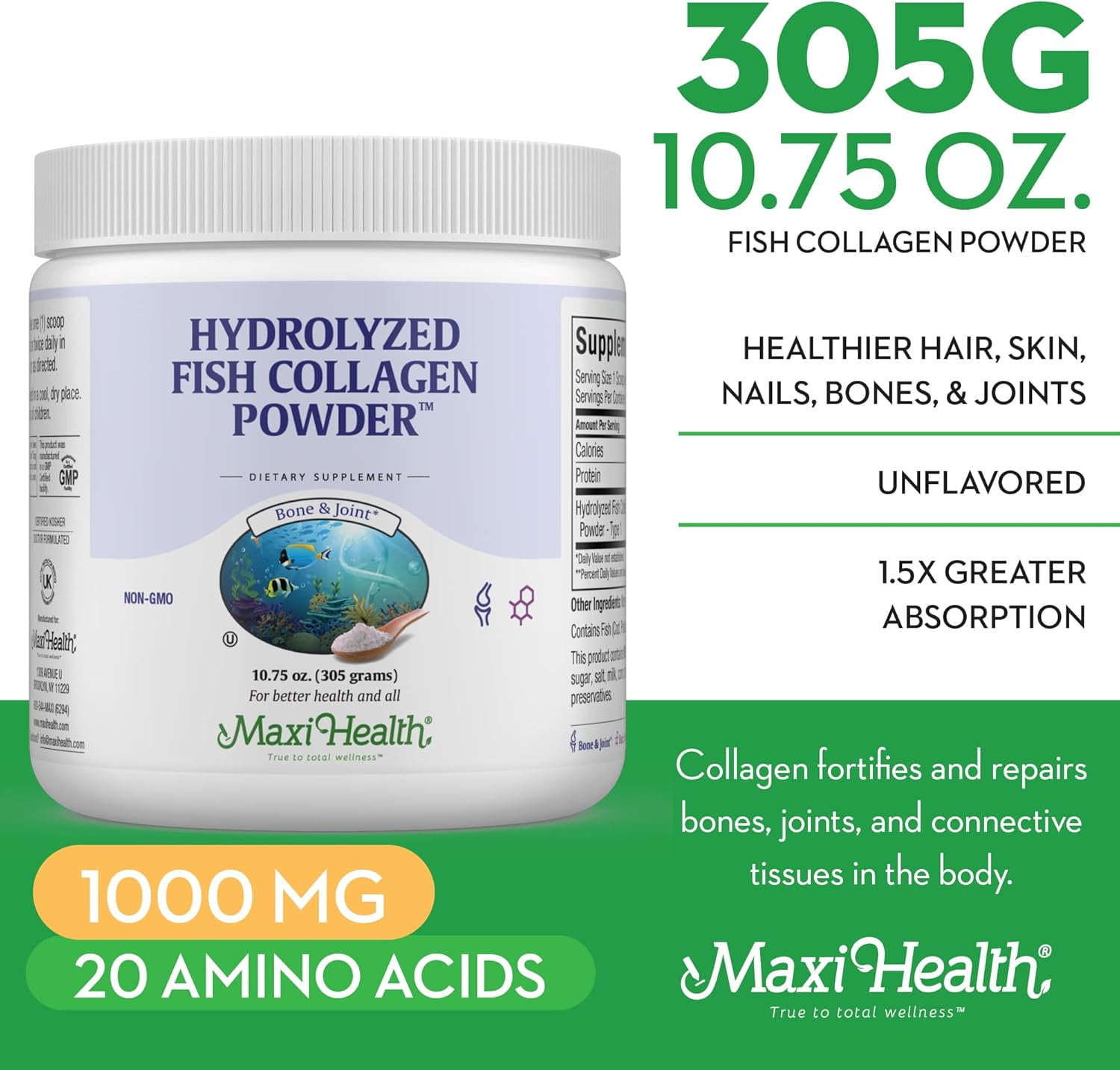 Maxi Health Marine Collagen Powder – Type I Hydrolyzed Protein for Skin, Hair, and Joint Support – 10.75 oz