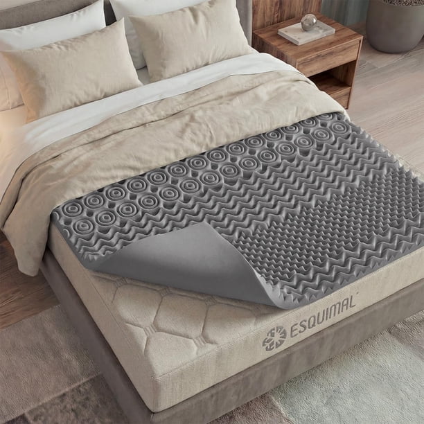 Colchoneta de Memory Foam con Gel, Sobrecolchón Topper 7 Zonas de Presion, Confort Acolchado, Cama Suave, Soporte Premium para Espalda, Protector de colchones 5 cm (Matrimonial, Azul)