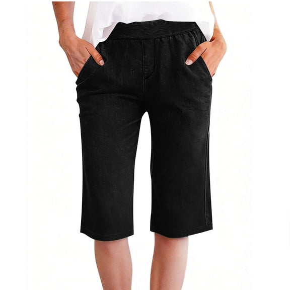 OGLCCG Women's Knee Lenght Faux Denim Shorts Loose Elastic High Waisted Summer Lounge Shorts with Pockets Solid Color Bermuda Shorts,S,Black