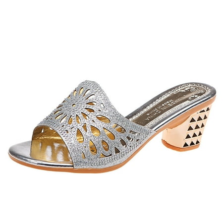 

Womens Sandals Fashion Summer Women Sandals Hollow Breathable Rhinestone Sequins Casual Middle Heel Women S Sandals Pvc Silver 39