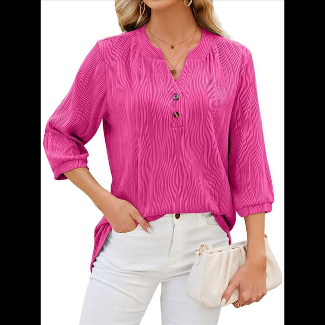 Blusas Elegantes e Informales para Mujer, Camisetas de 3/4 con Cuello en V y Puños Fruncidos. Rosa Roja M