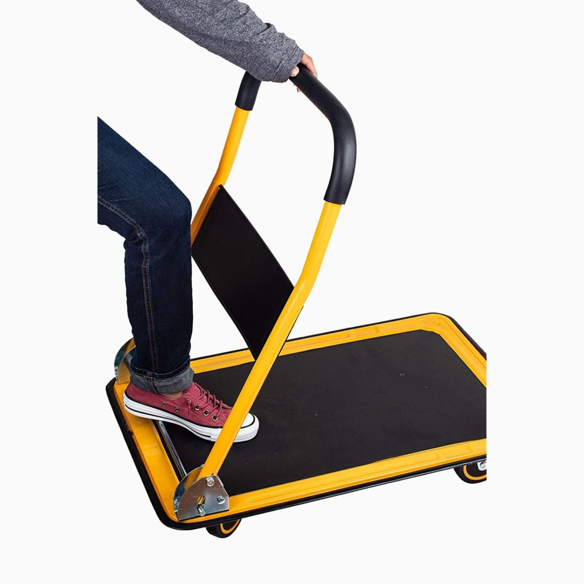 660 Lbs Capacity Folding Platform Truck, Heavy Duty Steel Hand Flatbed Cart Dolly with Rubber Wheels, Yellow Moving Push Cart